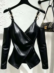 Franclia Women's Solid Color PU Leather Cold Shoulder Long Sleeve Fashion Top - Black - View 1