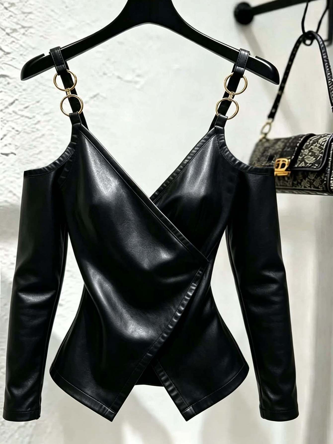 Franclia Women's Solid Color PU Leather Cold Shoulder Long Sleeve Fashion Top - Black - View 1