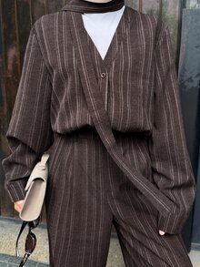 DAZY Women's Striped Long Sleeve Single-Breasted Shirt And Wide Leg Pants Casual 2 Pieces Set - Coffee Brown - View 5