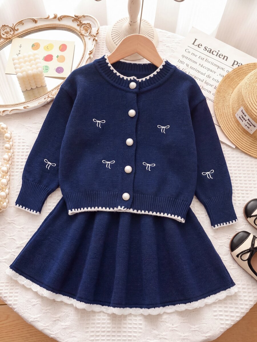 LMoss Kids Baby Girl Knitted Contrast Color Bow Pattern Casual Sweater And Skirt 2 Pieces Set Autumn - Blue and White - View 1