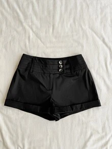 Attitoon 女款純色腰部鈕扣設計休閒短褲 - 黑色 - 查看 1