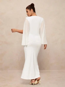 Elaquor Plus Size Sexy Elegant Pleated Fishtail Hem Dress - White - View 2