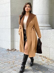 Easura معطف نسائي أنيق بمقاسات كبيرة بتصميم كتل لونية متباينة وياقة عريضة من مزيج الصوف - بني - مشاهدة 7