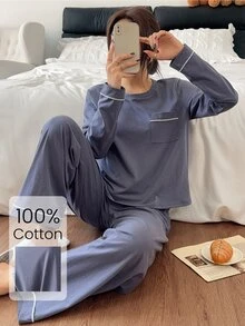 Napfluff طقم بيجامة نسائي من القطن 100% محبوك مريح بتصميم حواف وأكمام طويلة - أزرق بحري - مشاهدة 1