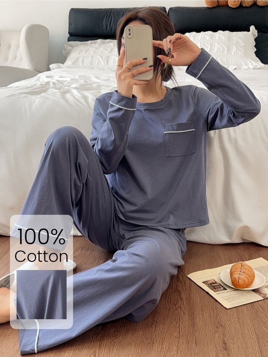 Napfluff طقم بيجامة نسائي من القطن 100% محبوك مريح بتصميم حواف وأكمام طويلة - أزرق بحري - مشاهدة 1