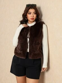 Elaquor Plus Size Women's Solid Color Front Tie Vest Faux Fur Jacket - Coffee Brown - View 5