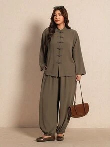 Elaquor Women's Plus Size Solid Color Long Sleeve Button Front Shirt And Wide Leg Pants Casual 2 Pieces Set Fall/Winter Casual Daily Going Out Office Sets - Army Green - View 6