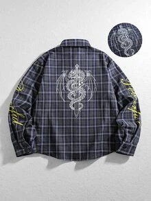 ROMWE MEN Street Life Men's Letter Print Long Sleeve Plaid Single-Breasted Casual Shirt - Blue - View 1