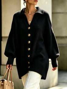 GlowEve CURVE Plus Size Women's Autumn/Winter Versatile Lapel Button-Down Drop Shoulder Long Sleeve Cardigan - Black - View 3