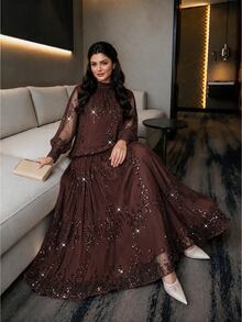 Auveirra Plus Size Sequin Pleated Top And Long Skirt 2 Pieces Set - Mocha Brown - View 3