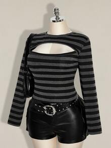 SHEIN ICON Plus Size Cutout Sexy Striped Colorblock Long Sleeve T-Shirt - Multicolor - View 8