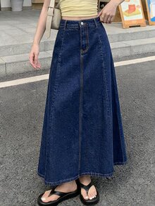 DAZY 女款純色A字牛仔裙 - 中等水洗藍 - 查看 5
