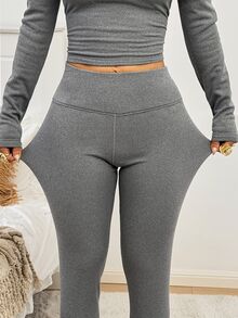 SHEIN EZwear 女款素色休閒百搭日常穿著緊身內搭褲 - 淺灰色 - 查看 3