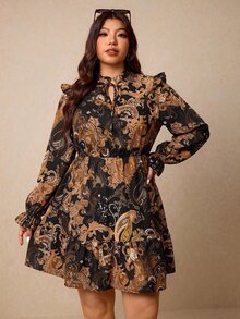 Elaquor 大尺碼度假風腰部繫帶喇叭袖洋裝 優雅花卉圖案印花女款秋/冬萬聖節洋裝 - 黑色 - 查看 4