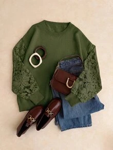Elaquor Plus Size Casual Elegant Versatile Mesh Patchwork Pullover Sweater, Autumn/Winter - Green - View 1