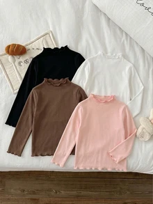 SHEIN Vintaside Kids 4件組少女針織花卉條紋印花荷葉領休閒長袖T恤上衣，適合秋冬穿著，返校季 - 彩色 - 查看 3