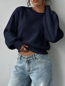 SHEIN BASICS 女款素色圓領長袖休閒基礎款寬鬆針織衫 淡黃色 秋冬日常早午餐校園穿搭 - 藏蓝色 - 查看 4