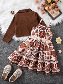 SHEIN Vintaside Kids 女童棕色短版夾克套裝復古碎花印花吊帶裙冬季洋裝復古休閒2件套感恩節7歲生日棕色裙秋季 - 棕色 - 查看 2
