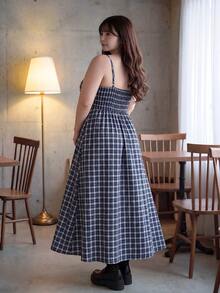 Bijouette Plus Size Korean Style Plaid Cami Dress With Lace-Up Long Sleeve Cardigan 2 Pieces Set Fall - Navy Blue - View 2