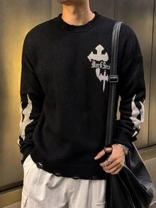 DAZY Men's Letter Pattern Casual Daily Long Sleeve Sweater - Black - View 3