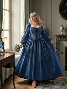 Lyrianda Plus Size Denim Effect Cinched Waist A-Line Dress - Royal Blue - View 7