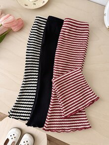 SHEIN LMoss Kids LMoss 3件組女嬰針織純色條紋休閒喇叭褲套裝 - 酒紅色 - 查看 6
