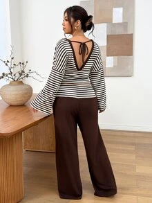 Lounesse Plus Size Minimalist Long Sleeve Top And Striped Colorblock Pants 2 Pieces Set - Mocha Brown - View 5