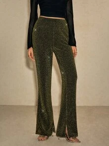 Poéselle Women's Elastic High Waist Loose Wide Leg Long Pants - Gold - View 8