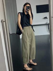 DAZY 女款商務休閒鈕扣百褶長褲 - 綠色 - 查看 3