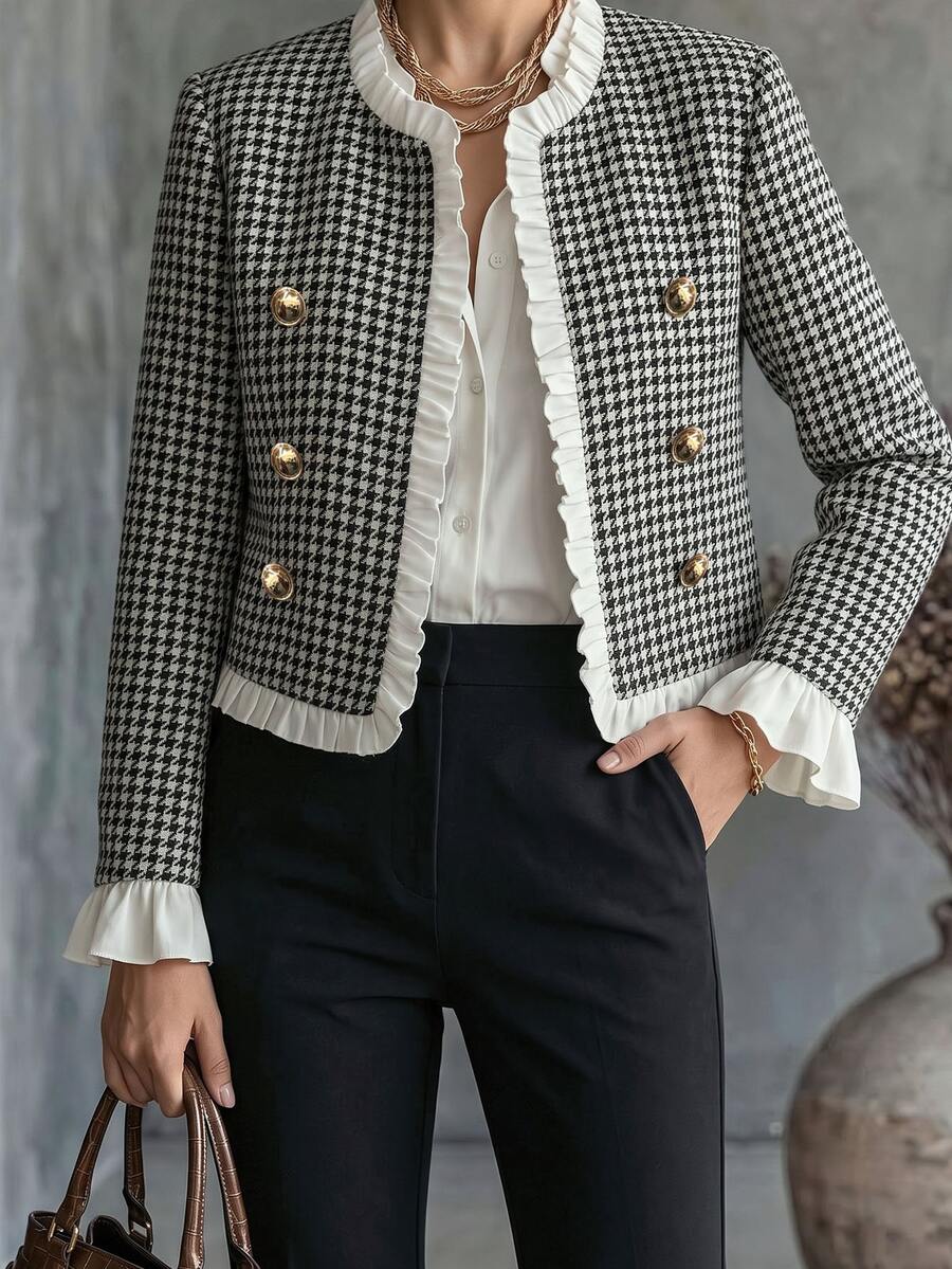 Trelyra Women's French Vintage Elegant Black & White Houndstooth Autumn New Ruffle Trim Patchwork Flared Sleeve Outerwear Jacket