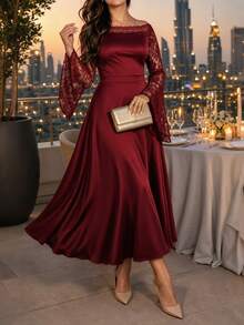 Velvienne Women's Plus Size Solid Color Collar Lace Patchwork Elegant Party Dress, Lace Long Sleeve Patchwork Dress - Burgundy - View 3