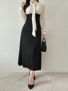 FRIFUL Women's Polka Dot Colorblock Casual Party Long Dress - Black - View 2