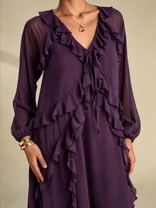 Enchnt Chocolate Brown 's Elegant Ruffle V-Neck Lantern Sleeve Long Dress, Autumn Holiday Outfits,Chic For Brunch VacationDaily Commute,Summer - Purple - View 3
