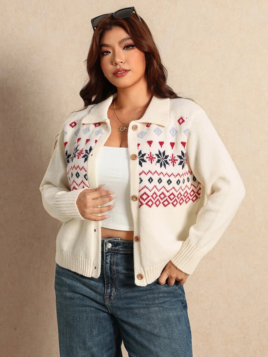 Elaquor Áo cardigan nữ size lớn thu đông họa tiết Fair Isle, cổ bẻ, cài nút đơn - Màu be - Xem 1