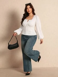 Elaquor Plus Size Elegant Lace Patchwork Pleated Tie-Front Blouse - White - View 5