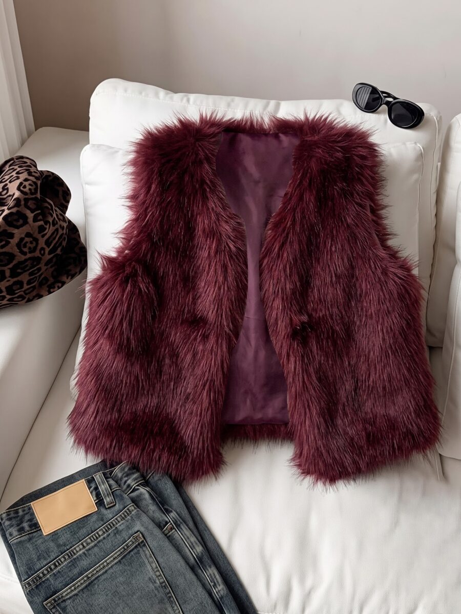 SHEIN 青少年女孩外套 抓絨 秋冬服飾 休閒時尚 極簡純色人造毛皮無袖背心,秋冬款 - 酒紅色 - 查看 1