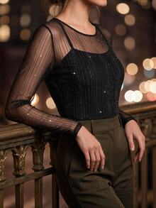 Editum Women's Round Neck Shiny Mesh Long Sleeve Fitted Sexy Top - Black - View 5