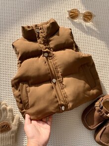 SHEIN Áo vest độn cho bé trai màu trơn, cổ tròn, sát nách, thoải mái, dễ phối đồ, mùa thu - màu nâu - Xem 4