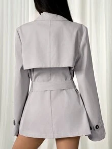 SHEIN EZwear 秋冬雙排扣收腰中長款風衣 - 卡其色 - 查看 2