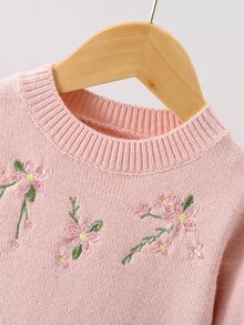 SHEIN 嬰兒粉色針織A字洋裝，圓領長袖，花卉刺繡蝴蝶結設計 - 淺粉色 - 查看 4