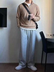 DAZY 春秋款針織羅紋拉鍊立領長袖卡其色男士套頭衛衣連帽衫 - 卡其色 - 查看 5