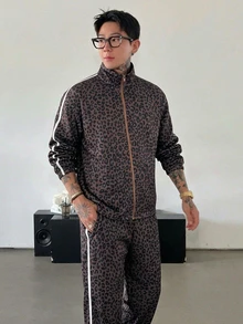 DAZY Spring/Autumn Brown Leopard Print Side Seam Contrast Webbing Streetwear Elastic Waist Pants & Jacket Set For Men - Brown - View 5
