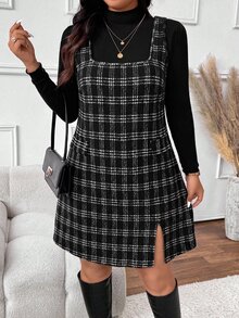 SHEIN Frenchy طقم من قطعتين مقاس كبير بتصميم بسيط، ملابس علوية بأكمام طويلة وفستان بنقشة كاروهات مع فتحة عند الحافة، للخريف - متعدد الألوان - مشاهدة 6
