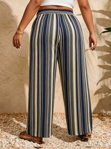 EMERY ROSE CURVE Navy Blue Vertical Striped Wide Leg Vacation Style Casual Plus Size Pants - Royal Blue - View 2