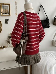 Lalippa Women's Casual Solid Color V-Neck Knit Sweater - Red - View 3