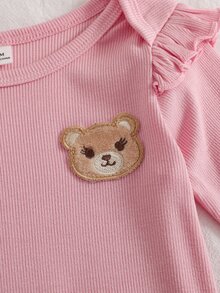 SHEIN 2 Pack Baby Girls Romper Jumpsuit Sweet Pink Cream Bear Heart Print Ruffle Bow Long Sleeve Round Neck Regular Holiday Fall Princess Cozy Ribbed - Baby Pink - View 9