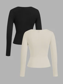 SHEIN EZwear 2件組女款純色方領長袖休閒T恤 - 彩色 - 查看 2