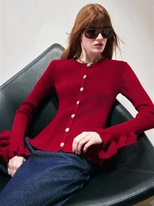 SHEIN Women's Cardigan Slim Fit Textured Knit Pearl Buttons Ruffle Cuffs Round Neck Elegant Red Solid Sweater Cardigan For Women Knit National Day - Burgundy - View 3
