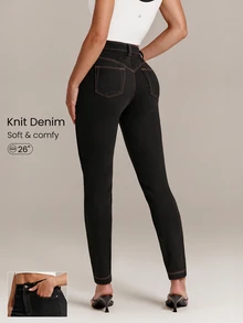GLOWMODE Knitted Denim In My Element Slim Fit Denim Jeggings With Metallic Rivets & Multi-Pockets Daily Casual Fall Winter Wear - Black - View 1