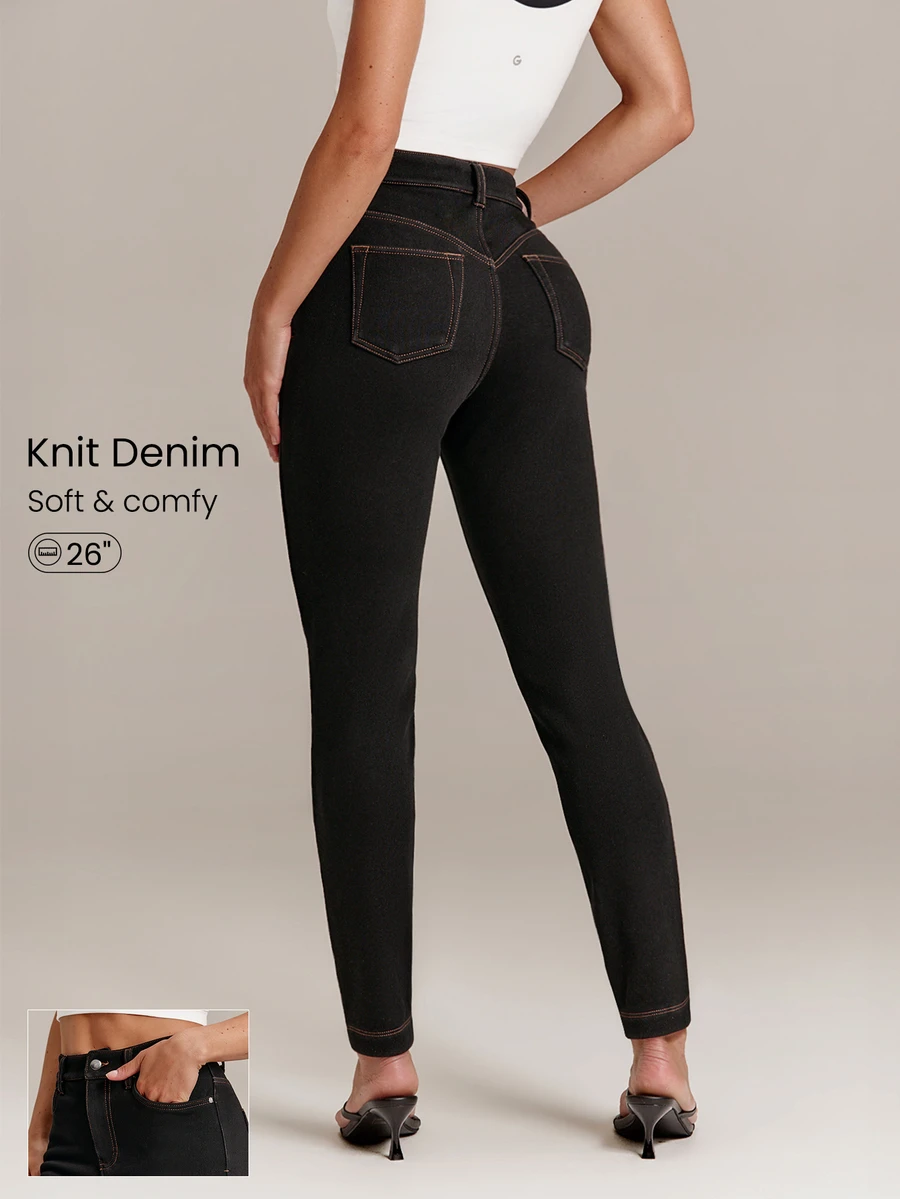 GLOWMODE Knitted Denim In My Element Slim Fit Denim Jeggings With Metallic Rivets & Multi-Pockets Daily Casual Fall Winter Wear - Black - View 1